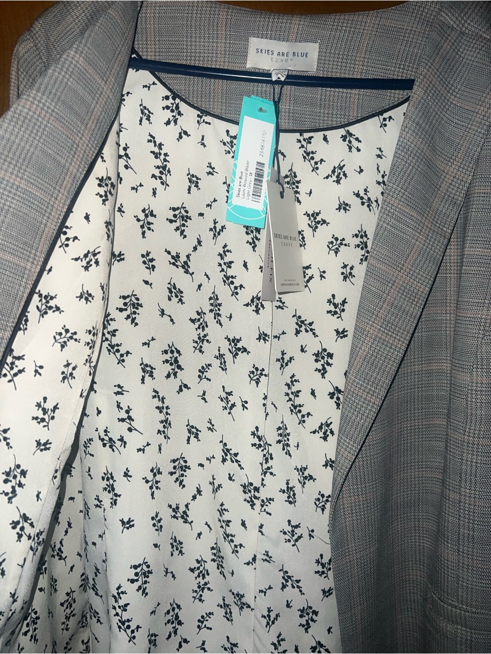 Skies Are Blue Gray Plaid Blazer with Cream Floral Lining